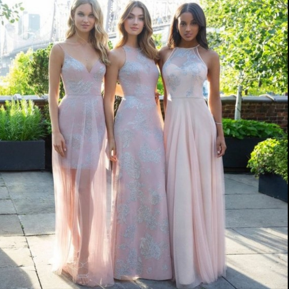 Hayley Paige Occasions Long Bridesmaid Prom Dress Pink Silver High Illusion 12
